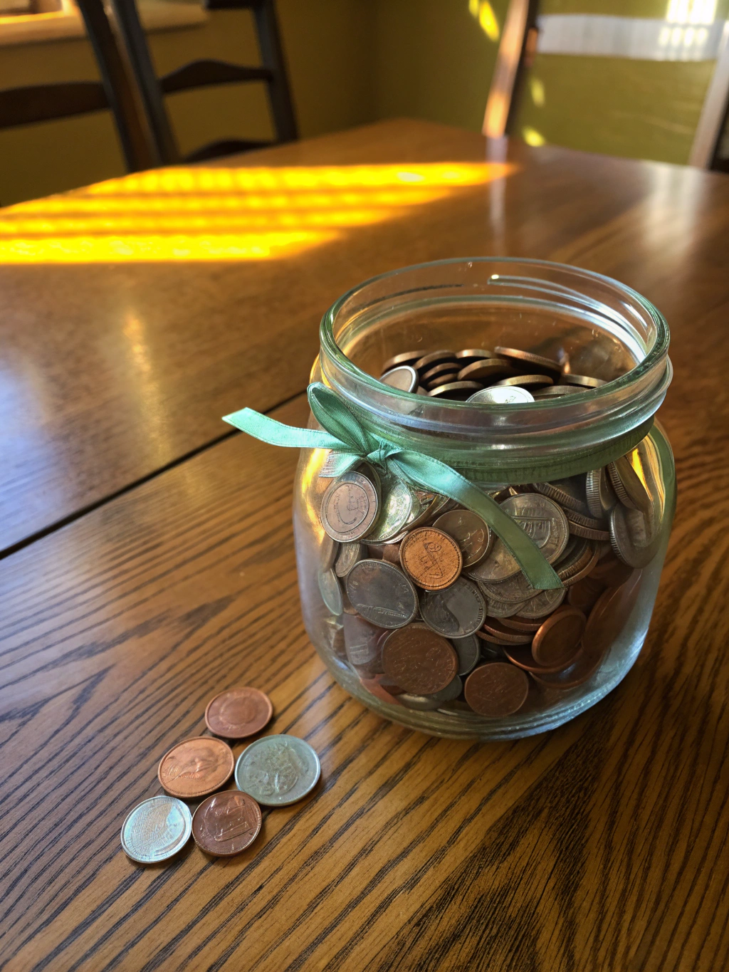 Glass donation jar filled with care supplies
