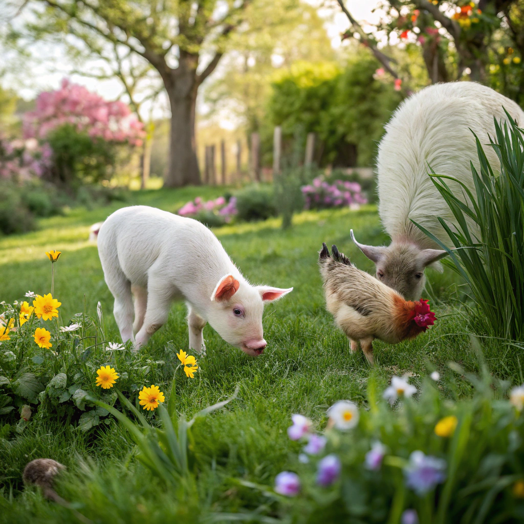 Rescued calf and sheep resting safely in the sanctuary pasture